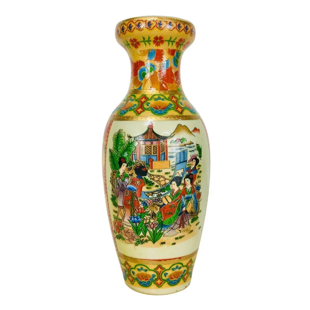 Early 1900s Japanese Geisha Satsuma Hand Painted Porcelain Gold Guild Vase 8